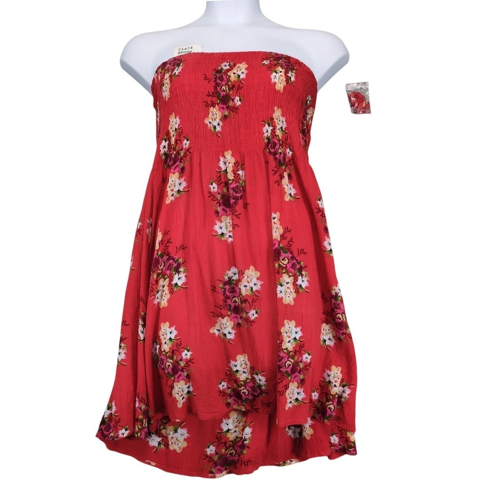 RS Riviera Sun Coral‎ Floral Strapless Dress Sz XL Smocked Gauze Optional Straps